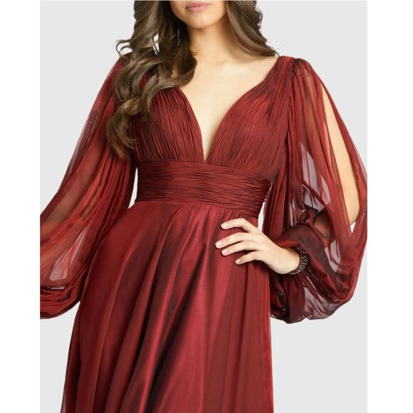 Mac Duggal Red Chiffon Open Sleeve A Line Gown Garnet Size 14 NWT 67414 Romantic - Picture 3 of 16